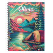 ヴィンテージピンクとティール（緑がかった色）キャンピングパーソナライズされた ノートブック (正面)