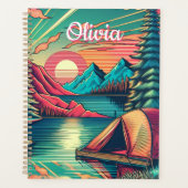 ヴィンテージピンクとティール(緑がかった色)キャンピングパーソナライズされた プランナー手帳 (正面)