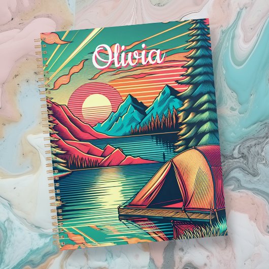 ヴィンテージピンクとティール(緑がかった色)キャンピングパーソナライズされた プランナー手帳