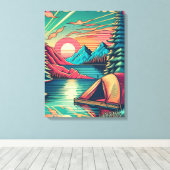 ヴィンテージピンクとティール(緑がかった色)キャンプをテーマ キャンバスプリント (インサイチュ (ウッドフロア))