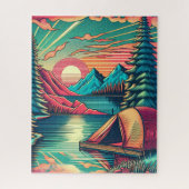 ヴィンテージピンクとティール(緑がかった色)キャンプをテーマ ジグソーパズル (縦)