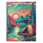 ヴィンテージピンクとティール（緑がかった色）キャンプをテーマ ノートブック (正面)