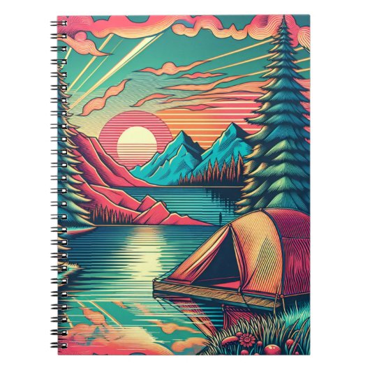 ヴィンテージピンクとティール（緑がかった色）キャンプをテーマ ノートブック (正面)