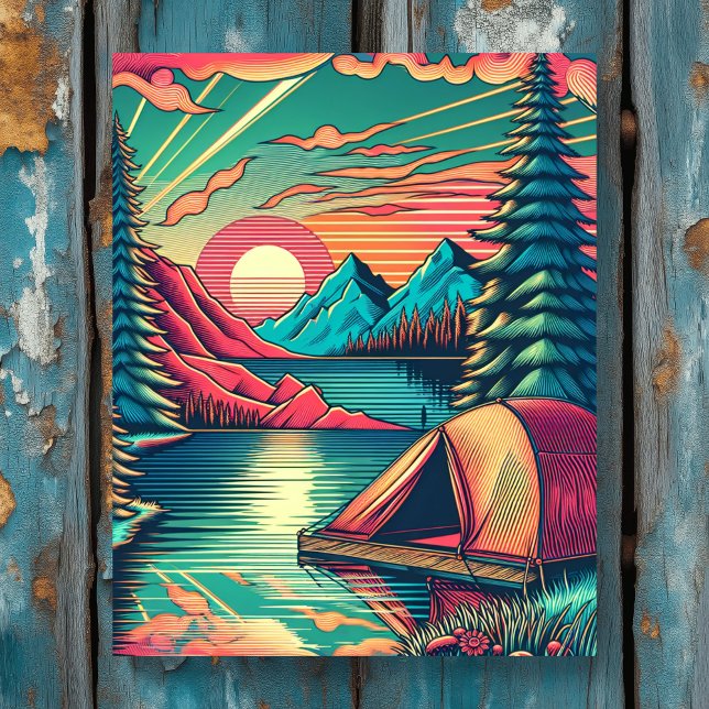 ヴィンテージピンクとティール（緑がかった色）キャンプをテーマ メタルプリント (クリエイターアップロード済み)