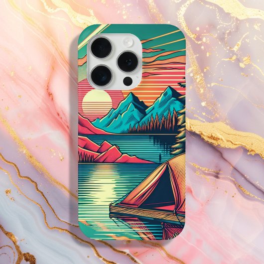 ヴィンテージピンクとティール(緑がかった色)キャンプをテーマ Case-Mate iPhoneケース