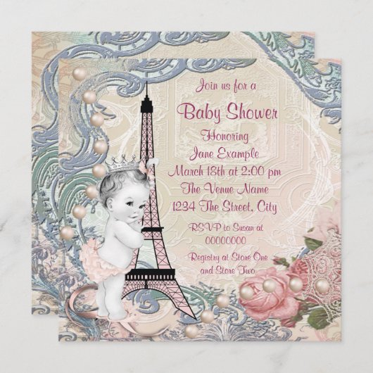 ヴィンテージピンクとティール(緑がかった色)ブルーパリベビーシャワー 招待状 (正面/裏面)