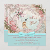 ヴィンテージピンクとティール(緑がかった色)ブルーベビーシャワー 招待状 (正面/裏面)