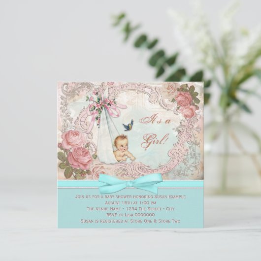ヴィンテージピンクとティール(緑がかった色)ブルーベビーシャワー 招待状 (スタンド正面)