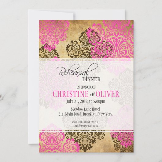 ヴィンテージピンクとブラウン結婚のリハーサルディナー 招待状 (正面)