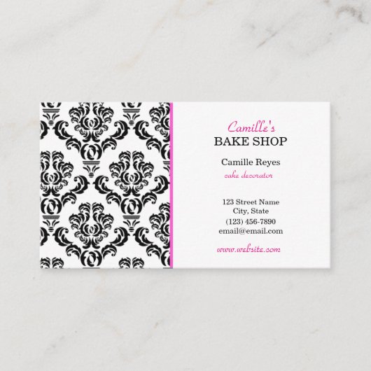 ヴィンテージピンクとブラックダマスクベーカリー名刺 名刺 (正面)