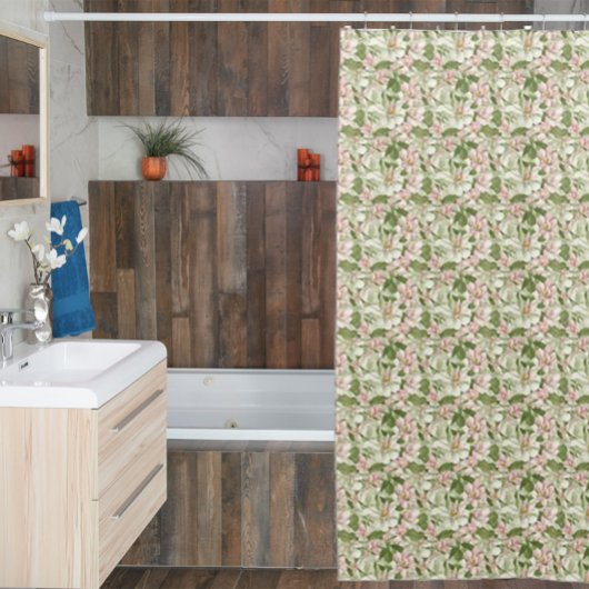 ヴィンテージピンクとホワイトマグノリアス シャワーカーテン