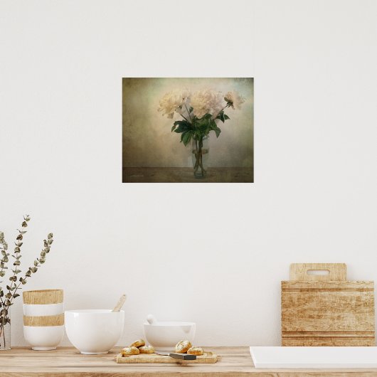 ヴィンテージピンクと白い牡丹の赤面ガラスの花瓶 ポスター (キッチン)