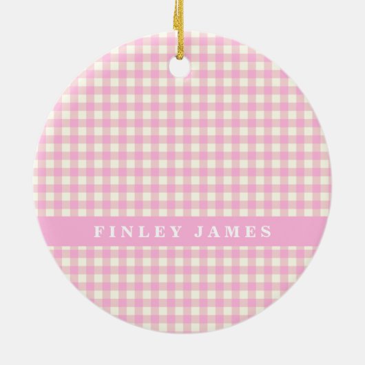 ヴィンテージピンクと白のギンガムプレイドパーソナライズされた セラミックオーナメント (裏面)