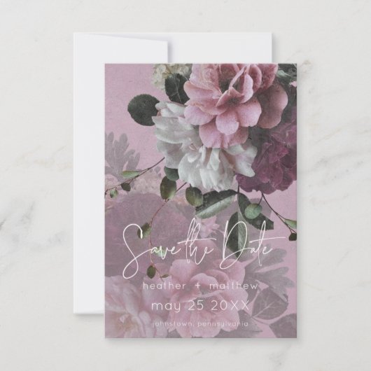 ヴィンテージピンクと白のフローラ写真の日付を保存 セーブザデート (正面)