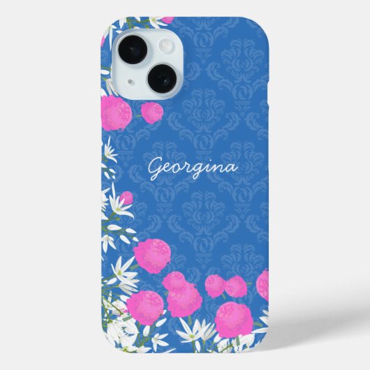ヴィンテージピンクと白の花と青のダマスク Case-Mate iPhoneケース (裏面)
