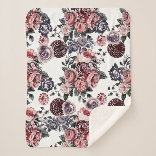 ヴィンテージピンクと紫のバラパターン シェルパブランケット (正面)