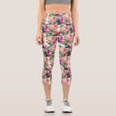 ヴィンテージピンクと紫のフローラバラパターン カプリレギンス (正面)