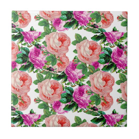 ヴィンテージピンクと紫のフローラバラパターン タイル (正面)