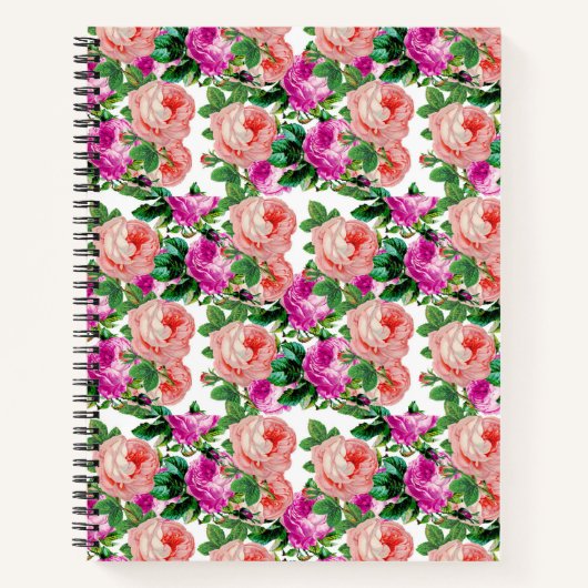 ヴィンテージピンクと紫のフローラバラパターン ノートブック (正面)