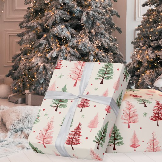 ヴィンテージピンクと緑のクリスマスツリーズホリデー ラッピングペーパー