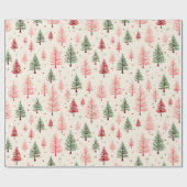ヴィンテージピンクと緑のクリスマスツリーズホリデー ラッピングペーパー (フラット)