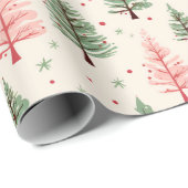 ヴィンテージピンクと緑のクリスマスツリーズホリデー ラッピングペーパー (ロールコーナー)