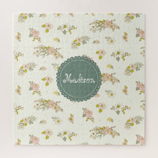 ヴィンテージピンクと緑のフローラおもしろい名 ジグソーパズル (縦)