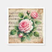 ヴィンテージピンクと緑の水の色のバラのページ スタンダードカクテルナプキン (正面)