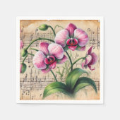 ヴィンテージピンクと緑の水の色の蘭のページ スタンダードカクテルナプキン (正面)