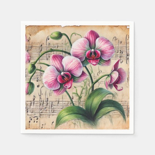 ヴィンテージピンクと緑の水の色の蘭のページ スタンダードカクテルナプキン (正面)