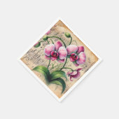 ヴィンテージピンクと緑の水の色の蘭のページ スタンダードカクテルナプキン (角)