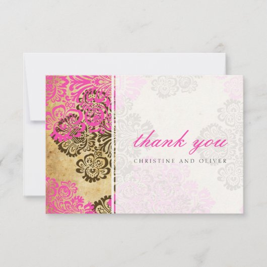 ヴィンテージピンクと茶色のダマスクサンキューカード サンキューカード (正面)