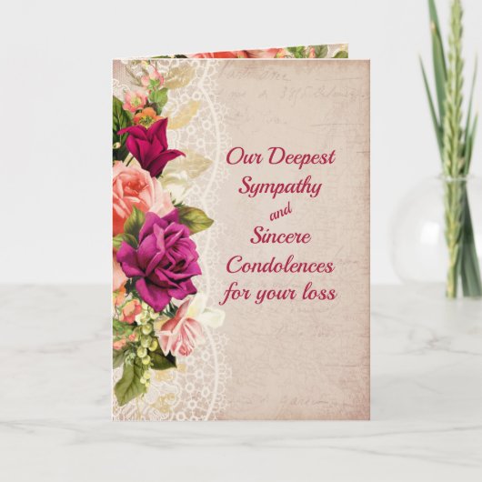 ヴィンテージピンクと赤のバラとレース悔やみや弔慰 カード (正面)