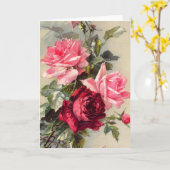 ヴィンテージピンクと赤のバラのグリーティングカード カード (黄色い花)