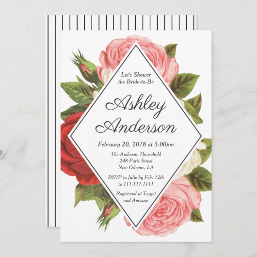 ヴィンテージピンクと赤のローズブライダルシャワーへの招待 招待状 (正面/裏面)