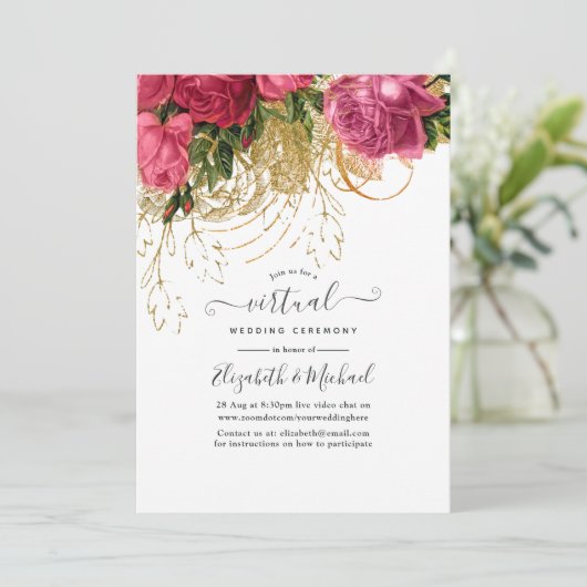 ヴィンテージピンクと金ゴールドのオンライン仮想結婚機器 招待状 (スタンド正面)