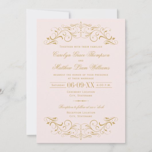 ヴィンテージピンクと金ゴールドフローリッ結婚シュ 招待状 (正面)