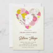 ヴィンテージピンクと黄色のフローラハートの卒業 招待状 (正面)