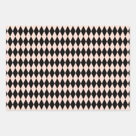 ヴィンテージピンクと黒のハーレクインパターン ラッピングペーパーシート