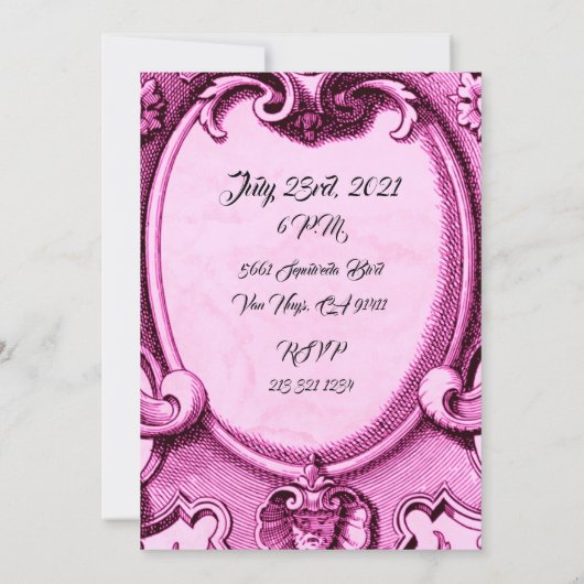 ヴィンテージピンクと黒の誕生日パーティーへの招待 招待状 (裏面)