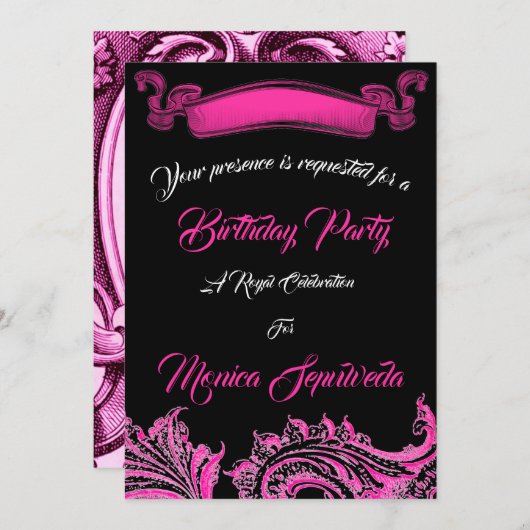 ヴィンテージピンクと黒の誕生日パーティーへの招待 招待状 (正面/裏面)