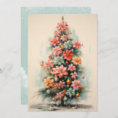 ヴィンテージピンクのクリスマスツリーフラットホリデーカード シーズンカード (正面/裏面)