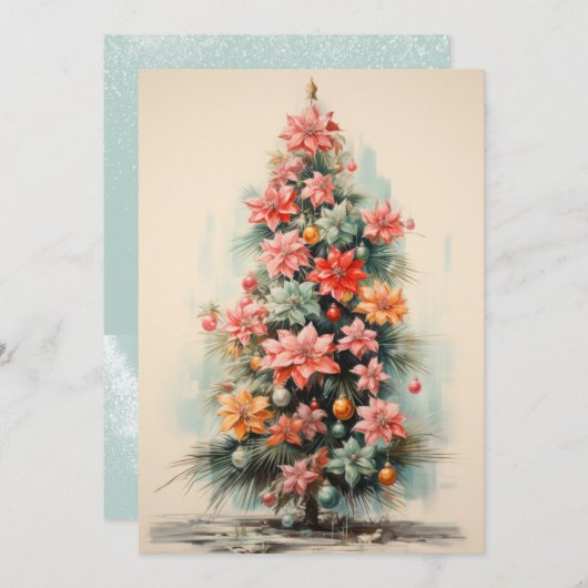 ヴィンテージピンクのクリスマスツリーフラットホリデーカード シーズンカード (正面/裏面)
