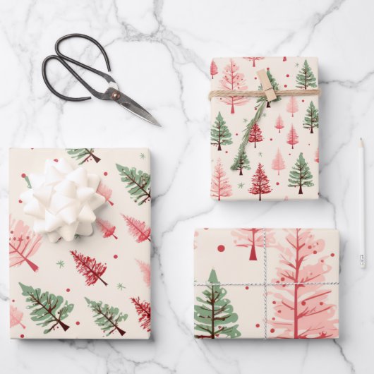 ヴィンテージピンクのクリスマスツリーミックス ラッピングペーパーシート (正面)