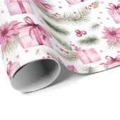 ヴィンテージピンクのクリスマスツリー&ギフトパターン ラッピングペーパー (ロールコーナー)