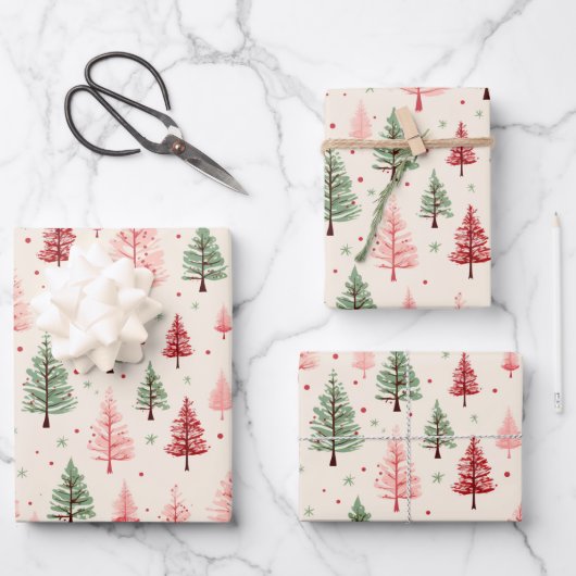 ヴィンテージピンクのクリスマスツリー ラッピングペーパーシート (正面)