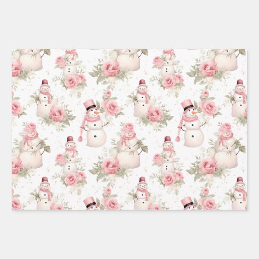 ヴィンテージピンクのクリスマス雪だるまと花 ラッピングペーパーシート (正面3)