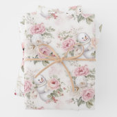 ヴィンテージピンクのクリスマス雪だるまと花 ラッピングペーパーシート (インサイチュ)