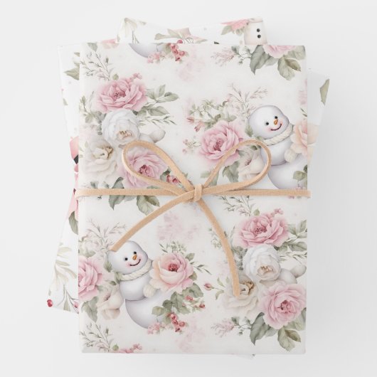 ヴィンテージピンクのクリスマス雪だるまと花 ラッピングペーパーシート (インサイチュ)