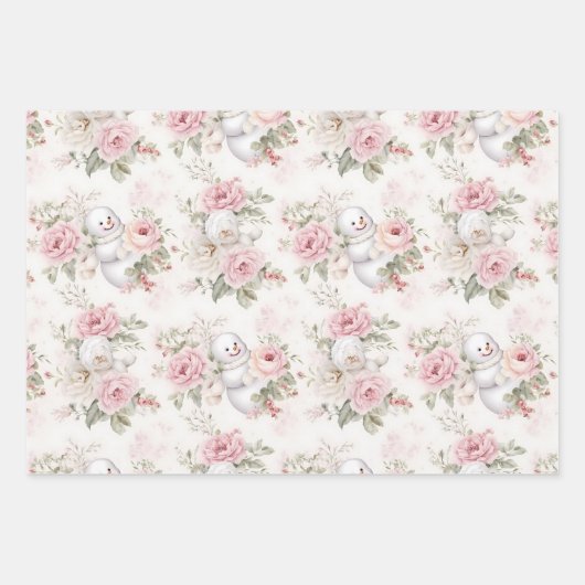 ヴィンテージピンクのクリスマス雪だるまと花 ラッピングペーパーシート (正面)